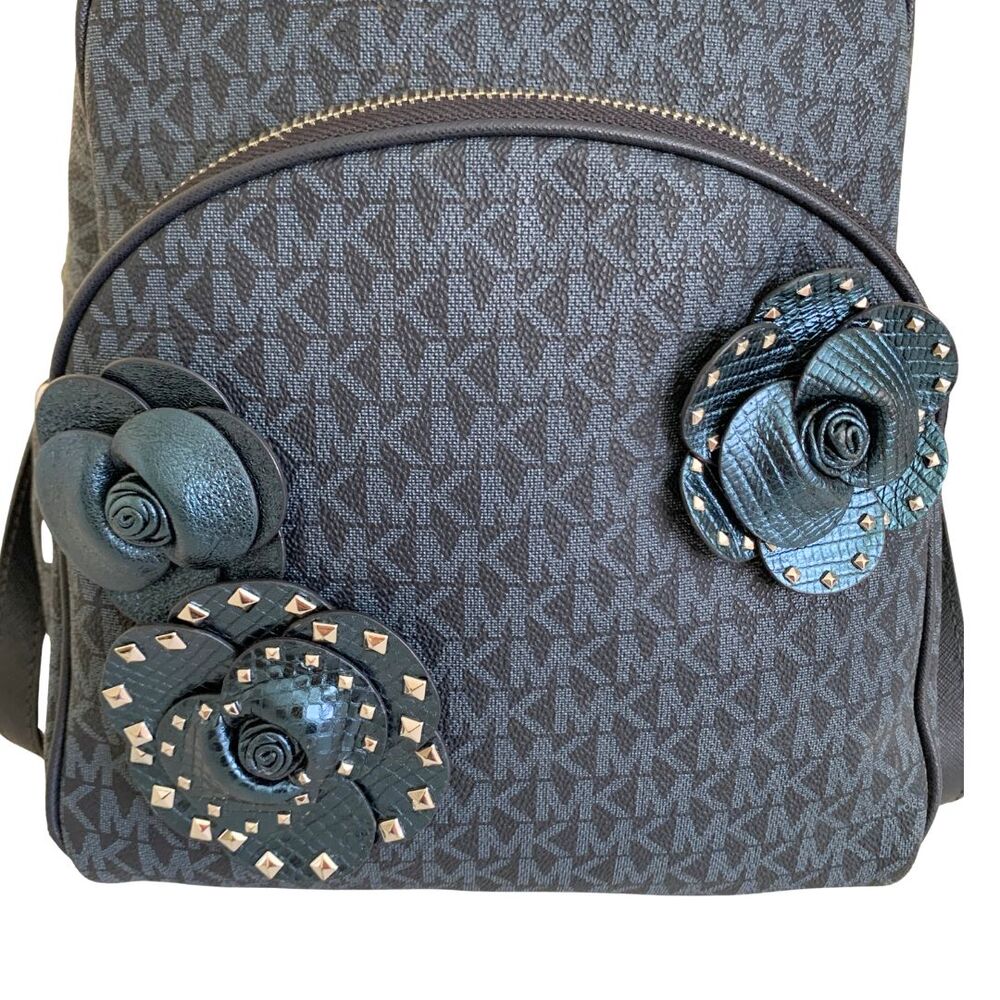 Michael Kors Abbey MK Logo Floral Appliqué Backpack Navy Blue Studded Leather Me - Picture 2 of 11